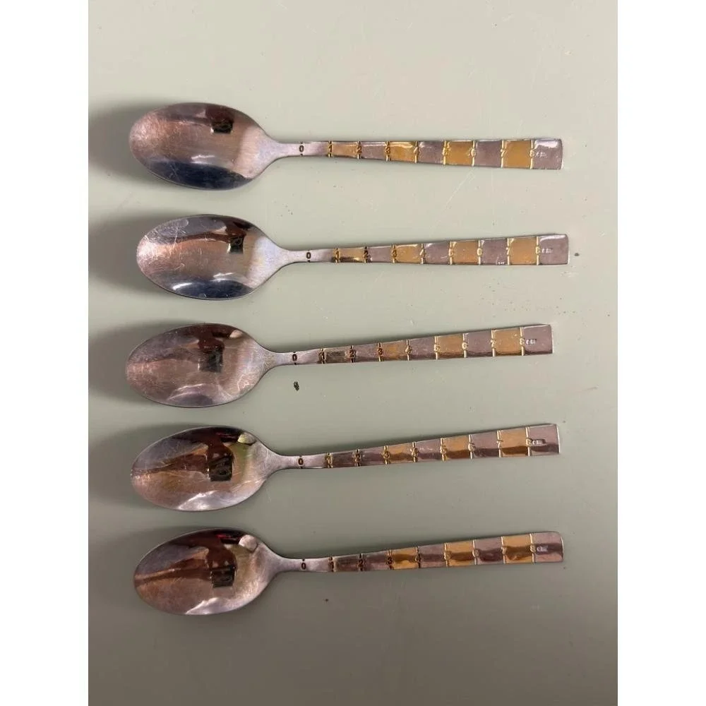 Set of 5 SSGP 18/10 Stainless Steel Gold Silver Ruler Design Teaspoons Flatware
